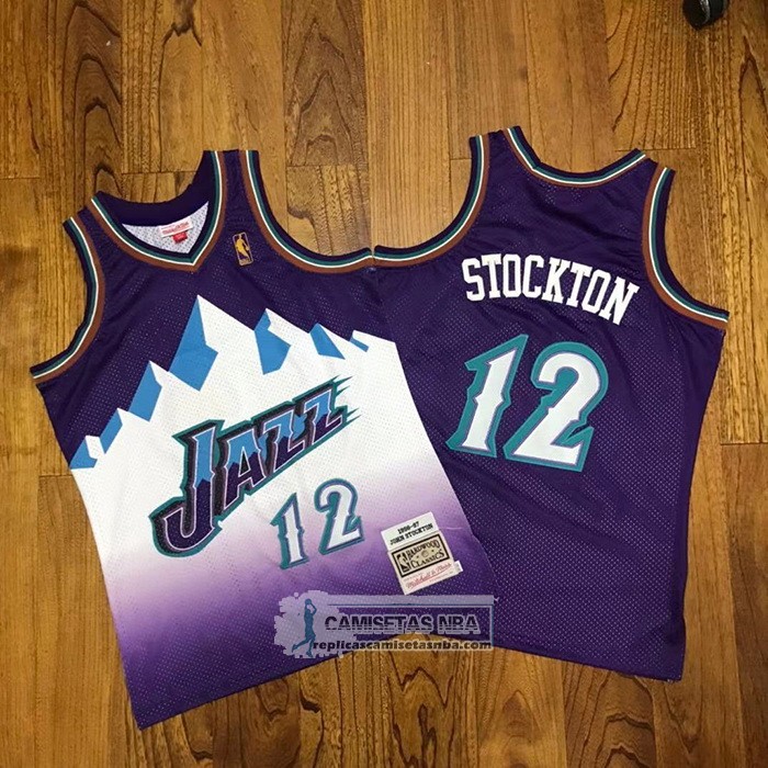 Camiseta Utah Jazz John Stockton NO 12 Hardwood Classics Throwback 1996-97 Violeta